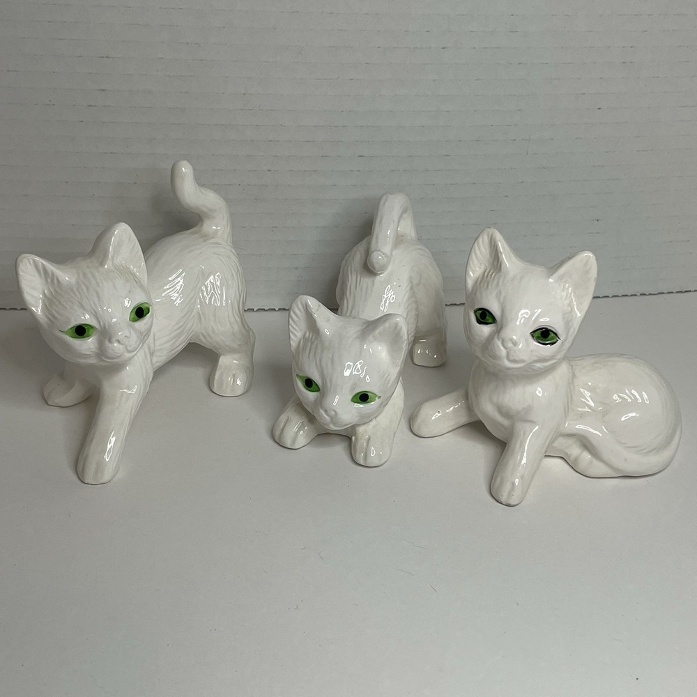 3 Vintage White Kittens Cats w/ Green Eyes Figurines Ceramic Cute 3-4" READ